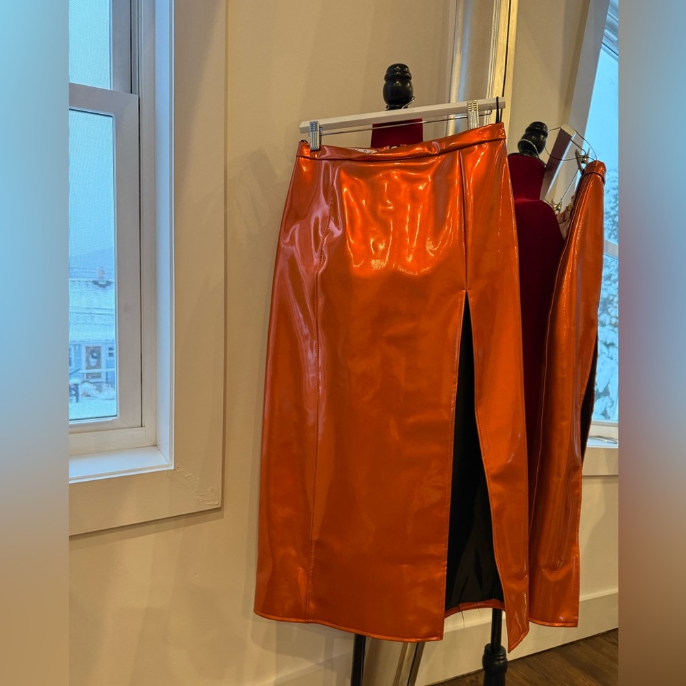 LaQuan Smith Shiny Orange Midi Skirt